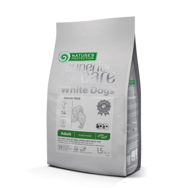 Nature's Protection SC dry grain free food for adult dogs of small breeds with white coat, with insect